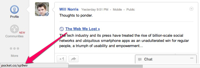 Screenshot of a Google+ post linking to a pocket.co URL